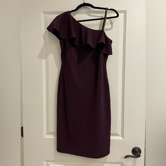 EUC Ralph Lauren Cocktail Dress Embellished Strap Ruffle Aubergine Sz. 4 - Picture 2 of 9